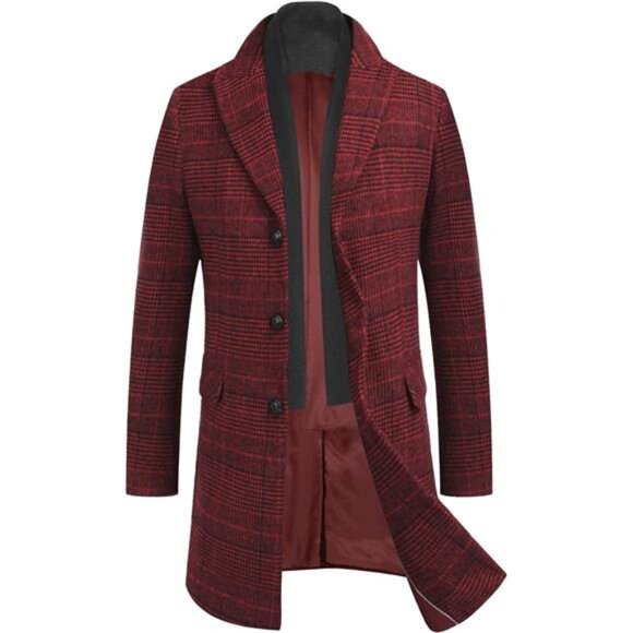 Men's Wool Blend Coat with Detachable Plaid Scarfs Red Plaid - Picture 1 of 6